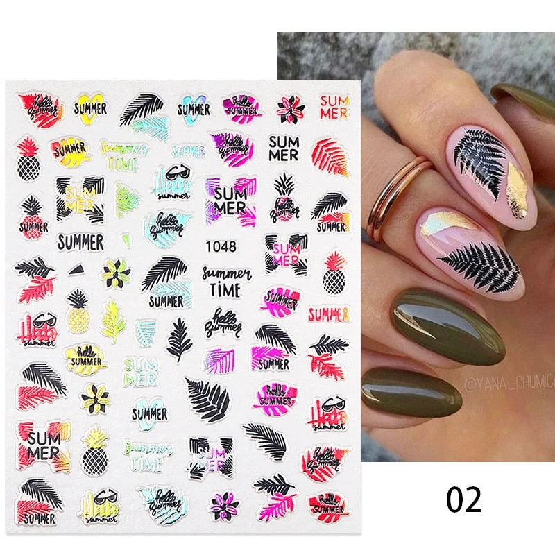 1pc Gold Black Tropical Plants 3D Nail Decals Stickers Leaves Flower Geometrics Line Slider For Nails Summer Nail Art Decoration