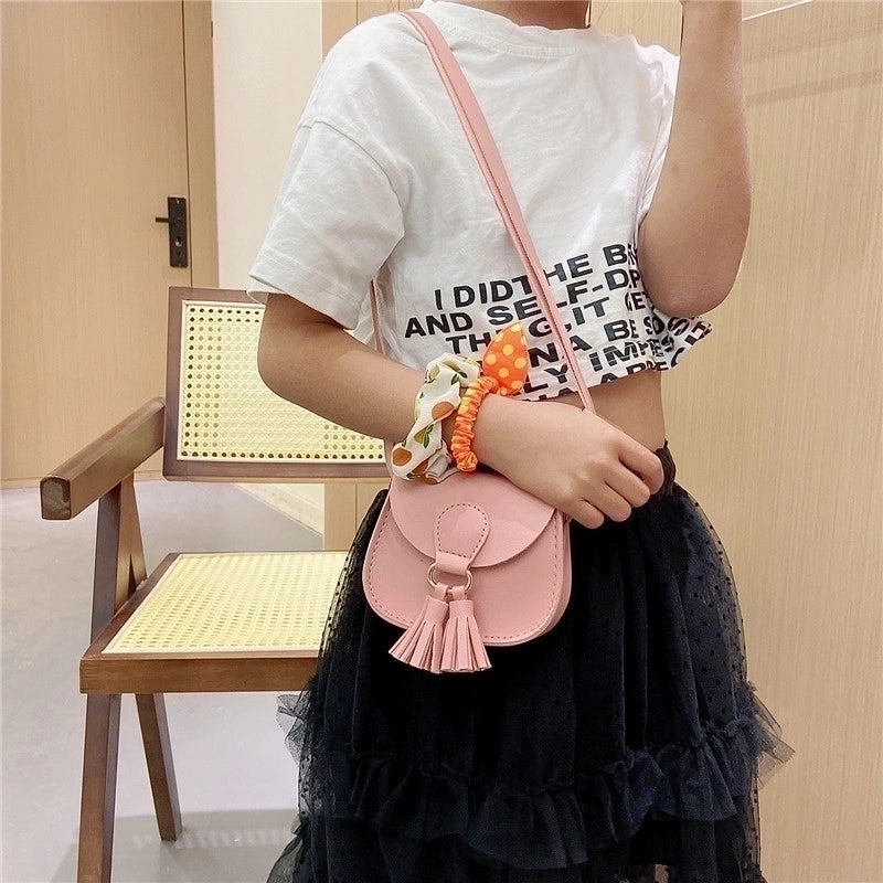 Kid’s Small Pu Leather Solid Color Cute Tassel Square Flip Cover Crossbody Bag
