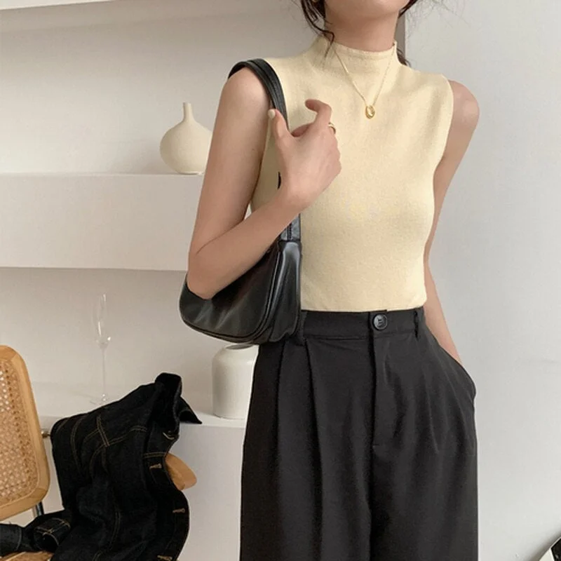 Sexy Knitted Top Summer Turtleneck Tank Top Female Sleveless T-shirt Vest Casual Women Camisole Blouse Sleeveless Slim Top 13122