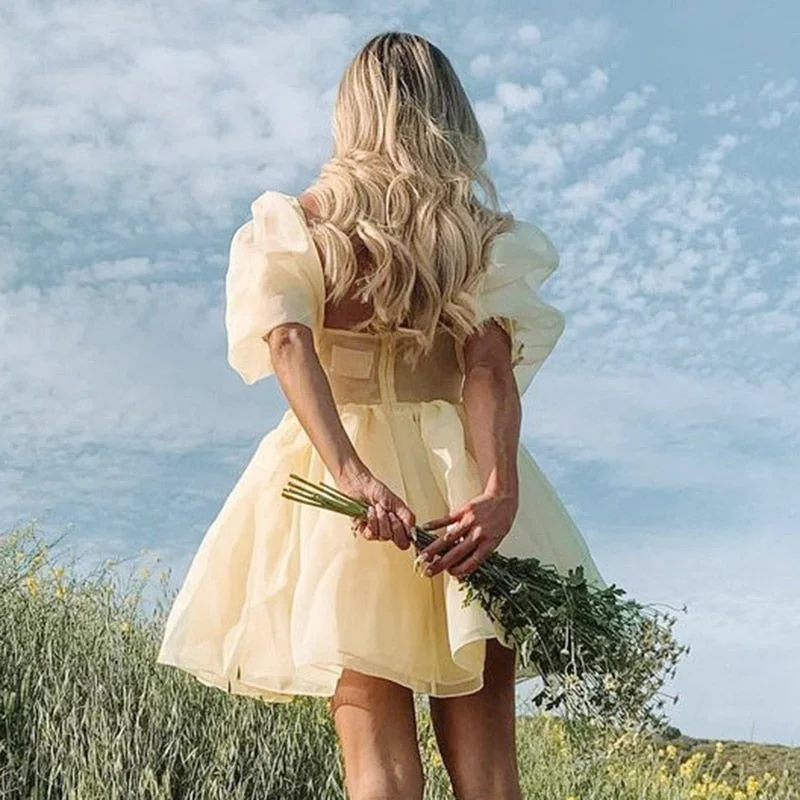 Women's Elegant Puff Sleeve Off Shoulder Tulle Princess Dress Mesh Ruffle Mini Short Dress For Wedding Cocktail Party Prom