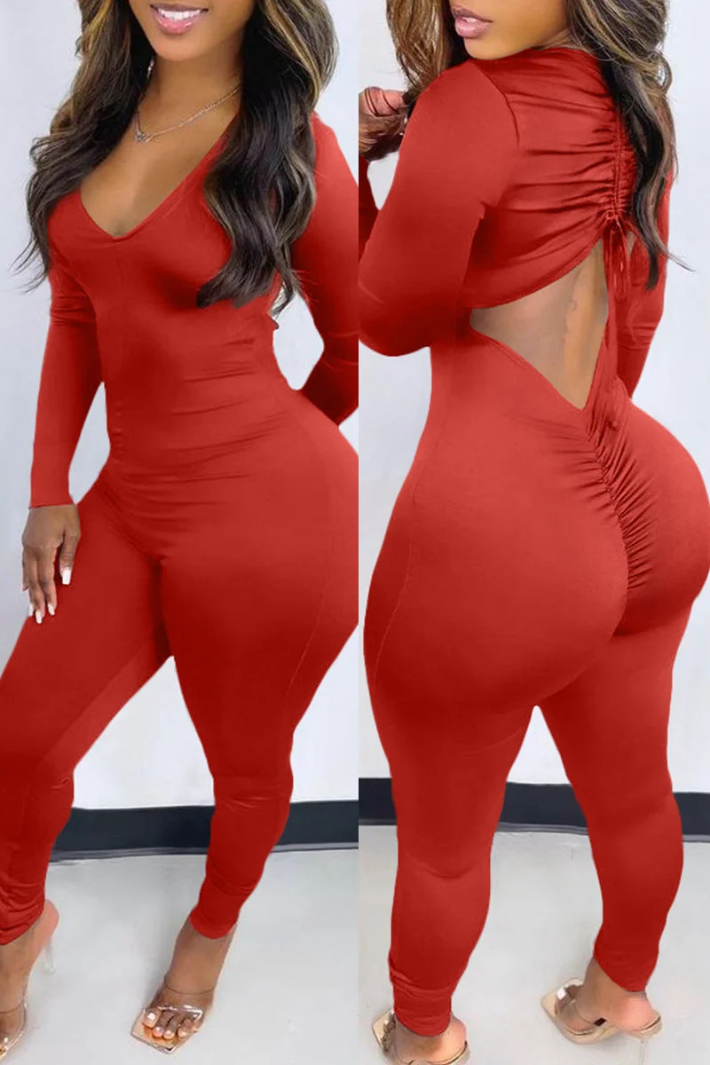 Fashion Casual Solid Backless V Neck Skinny Jumpsuits