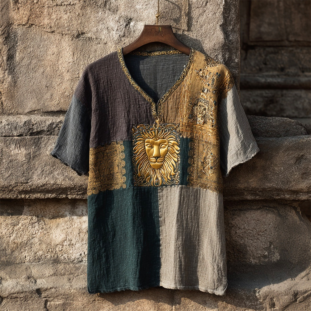 Comstylish Vintage Egyptian Lion Pattern Men's Linen V-neck Shirt