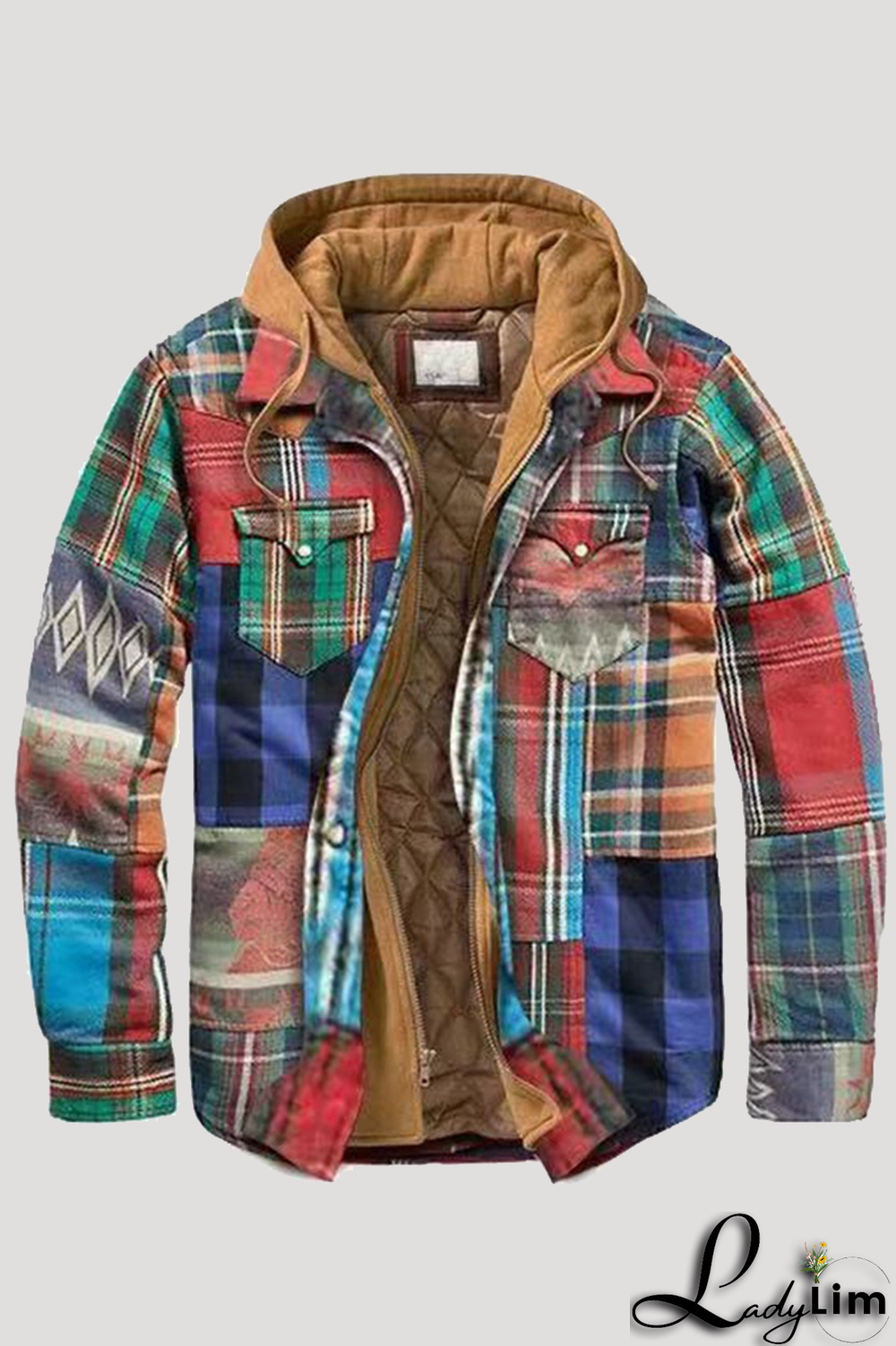 Multi-color Fashion Casual Plaid Split Joint Pocket Hooded Collar Outerwear