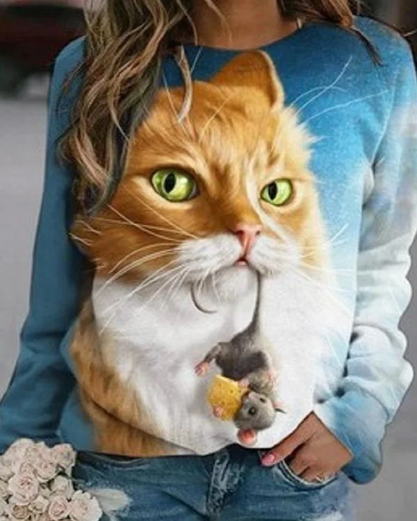 Digital Print Cat&Mouse Casual Round Neck Shirts&Tops