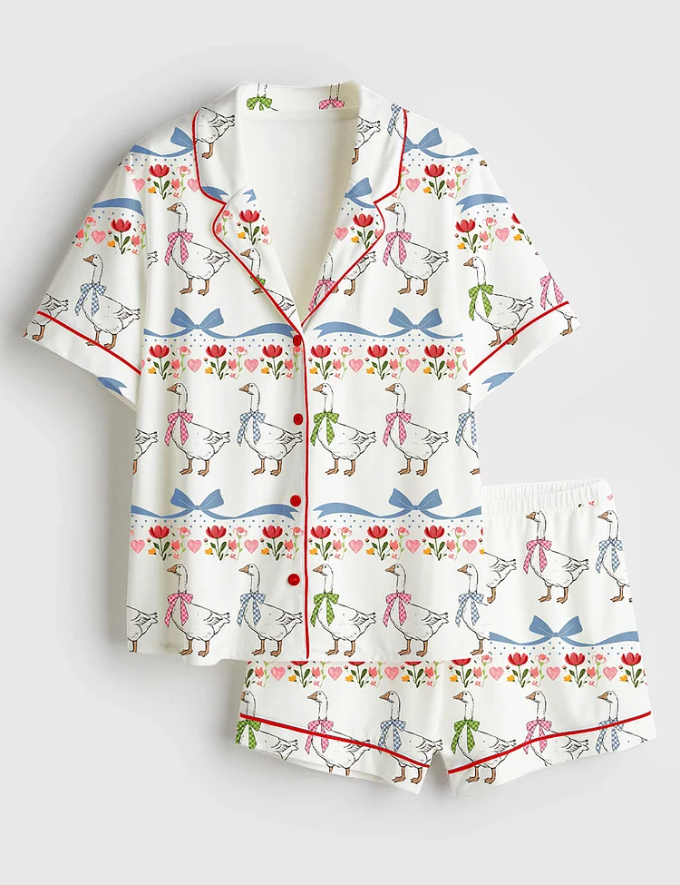 Women&rsquo;s Vintage Goose Blue Ribon Trendy Cute Goose Print Short Sleeve Satin Pajama Set