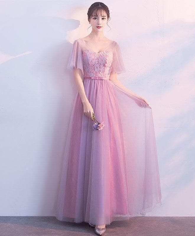 Pink Tulle Lace Long Prom Dress, Pink Evening Dresses