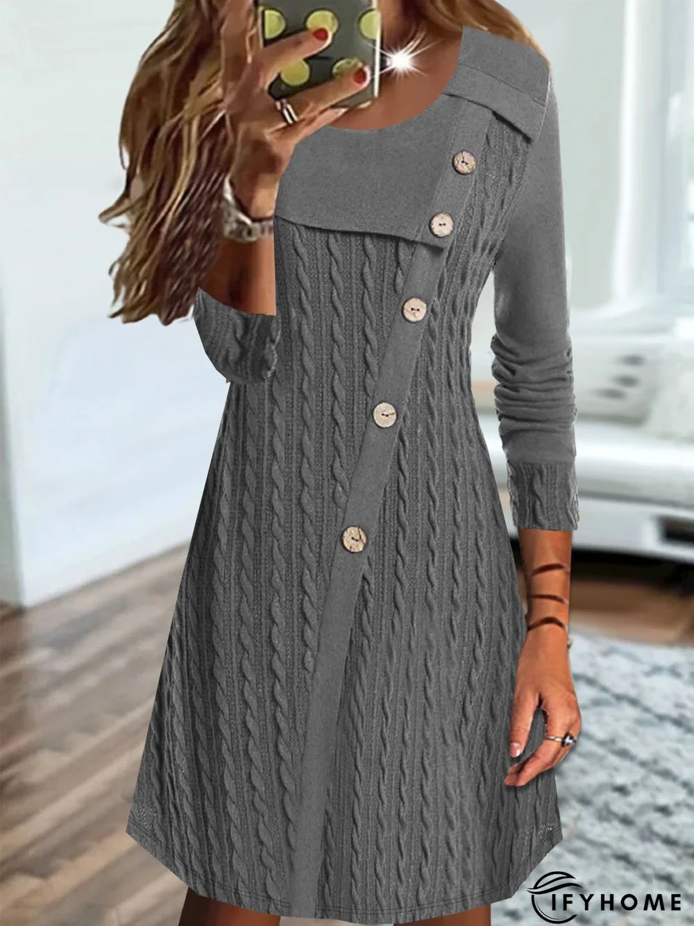 Casual Plain Texture Crew Neck Stitched Buttons Jersey Dress | IFYHOME