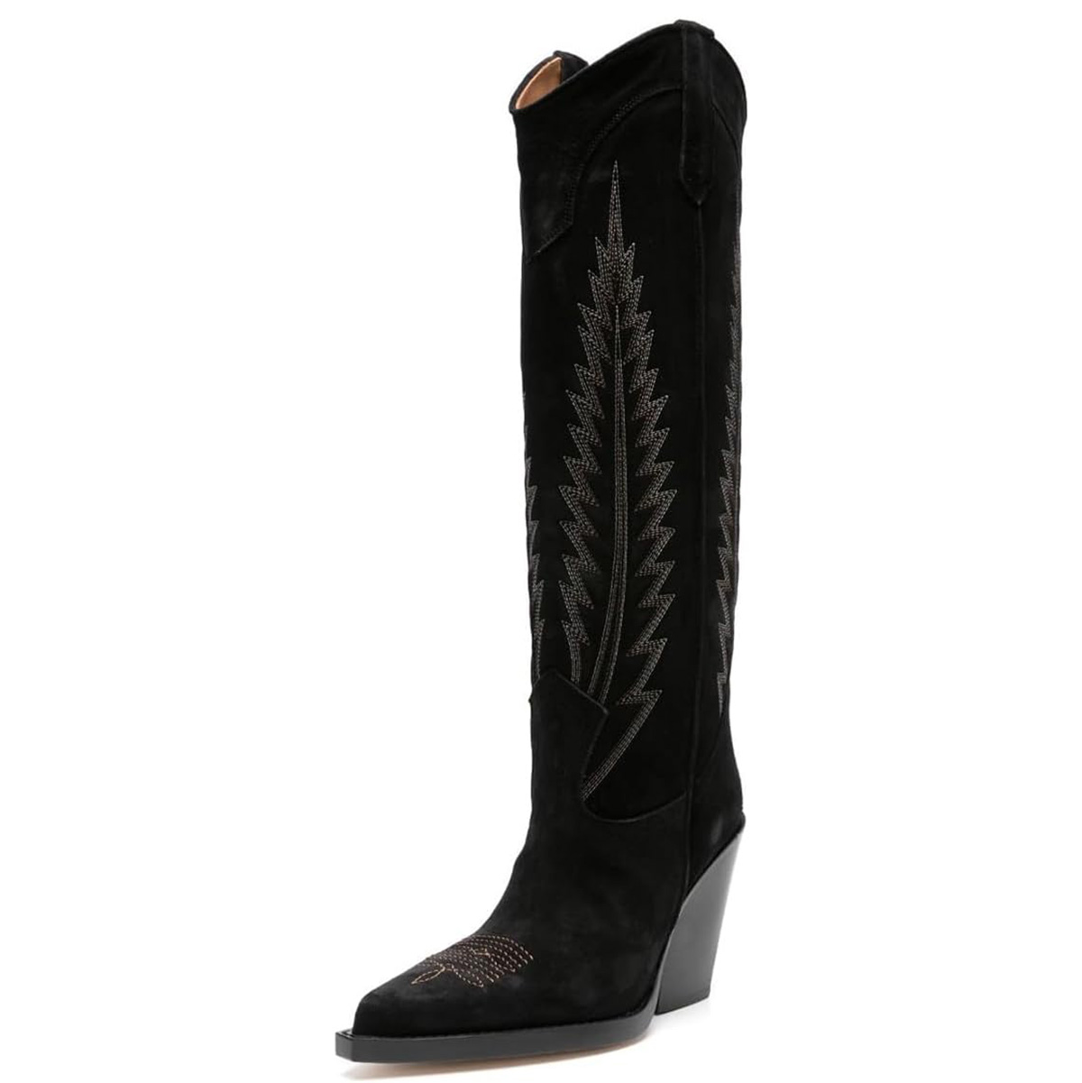 Black Faux Suede Snip Toe Block Heel Embroidered Knee-High Boots