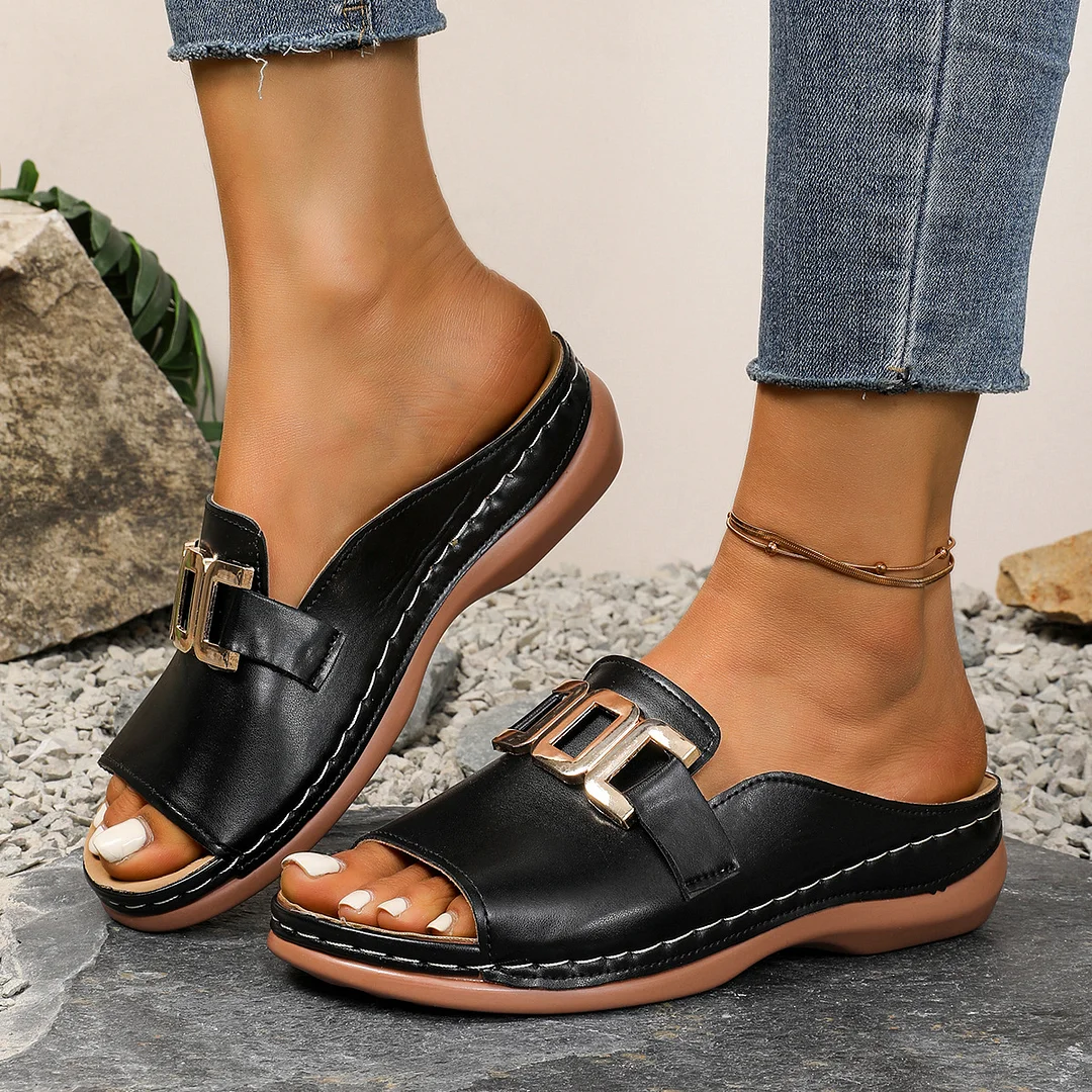 Yyvonne And Thick-Bottomed Slippers Women 2025 New Large-Size Casual Fashion Simple Metal Buckle Fish Mouth Sandals