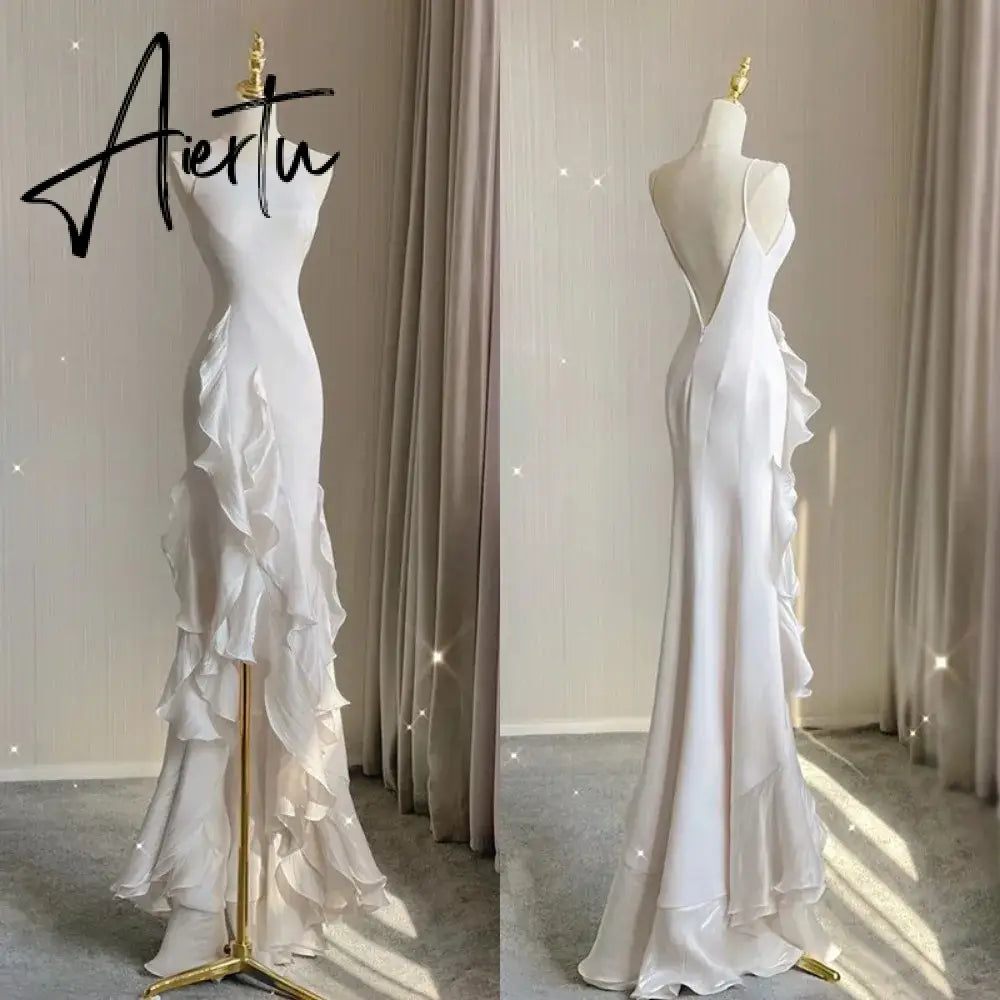 Aiertu Elegant White Round Neck Slim Fit Sleeveless Women Wedding Dress Evening Party Gown with Ruffles Vestidos De Novia Aiertu