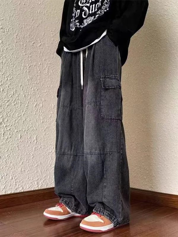 Brownm vintage cargo jeans for men with patch pockets