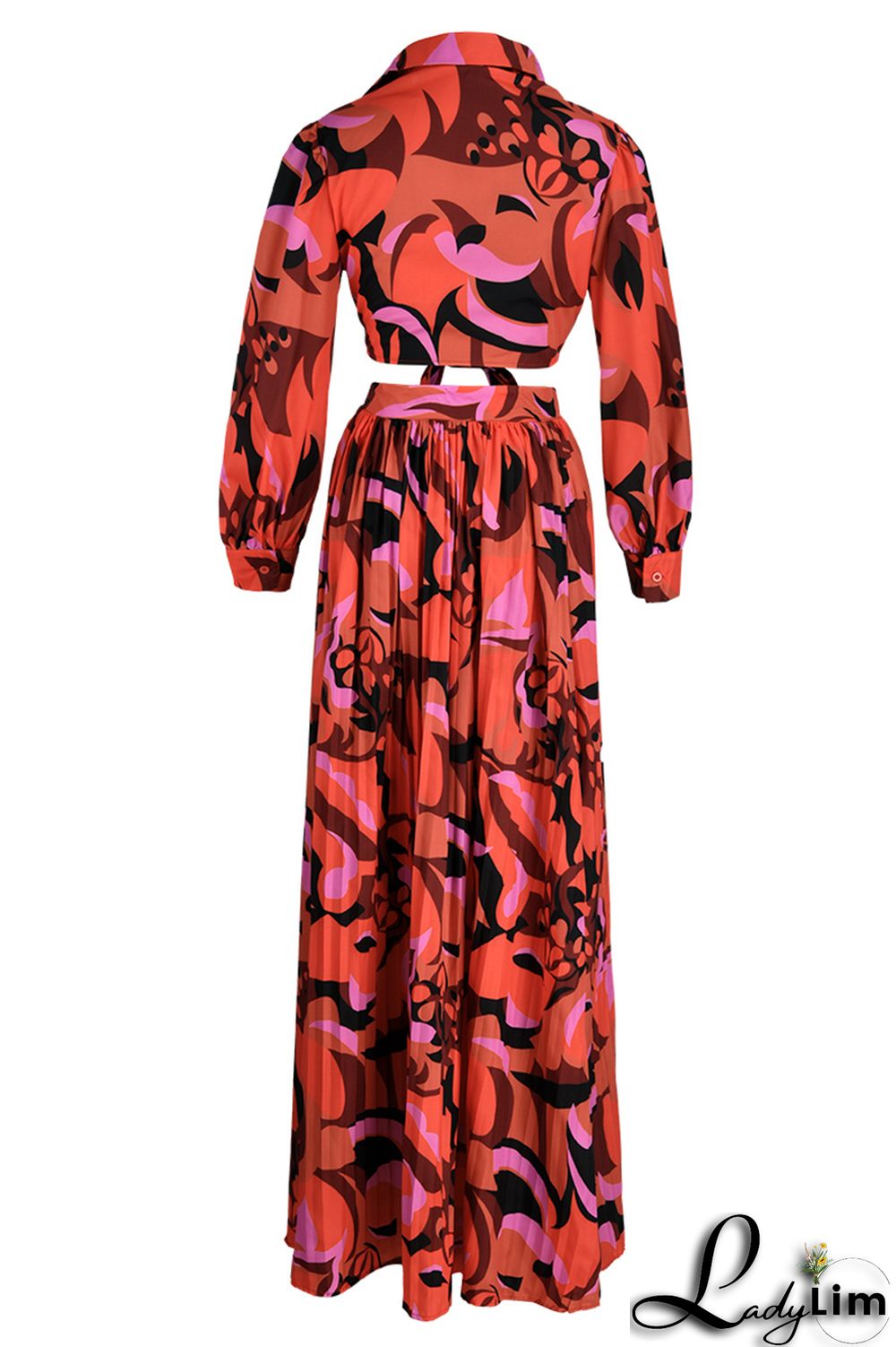 Red Fashion Casual Print Bandage Slit V Neck Long Sleeve Dresses