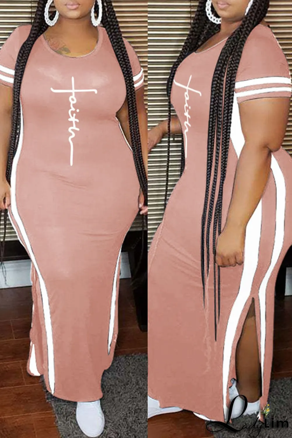 Tibetan Blue Fashion Casual Plus Size Print Slit O Neck Short Sleeve Dress