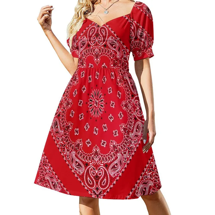 red bandana bodycon dress SFNEEWHO Women Boho High Waist Flared Puff Sleeve Cute Sweetheart Midi Dress Igdemocracy