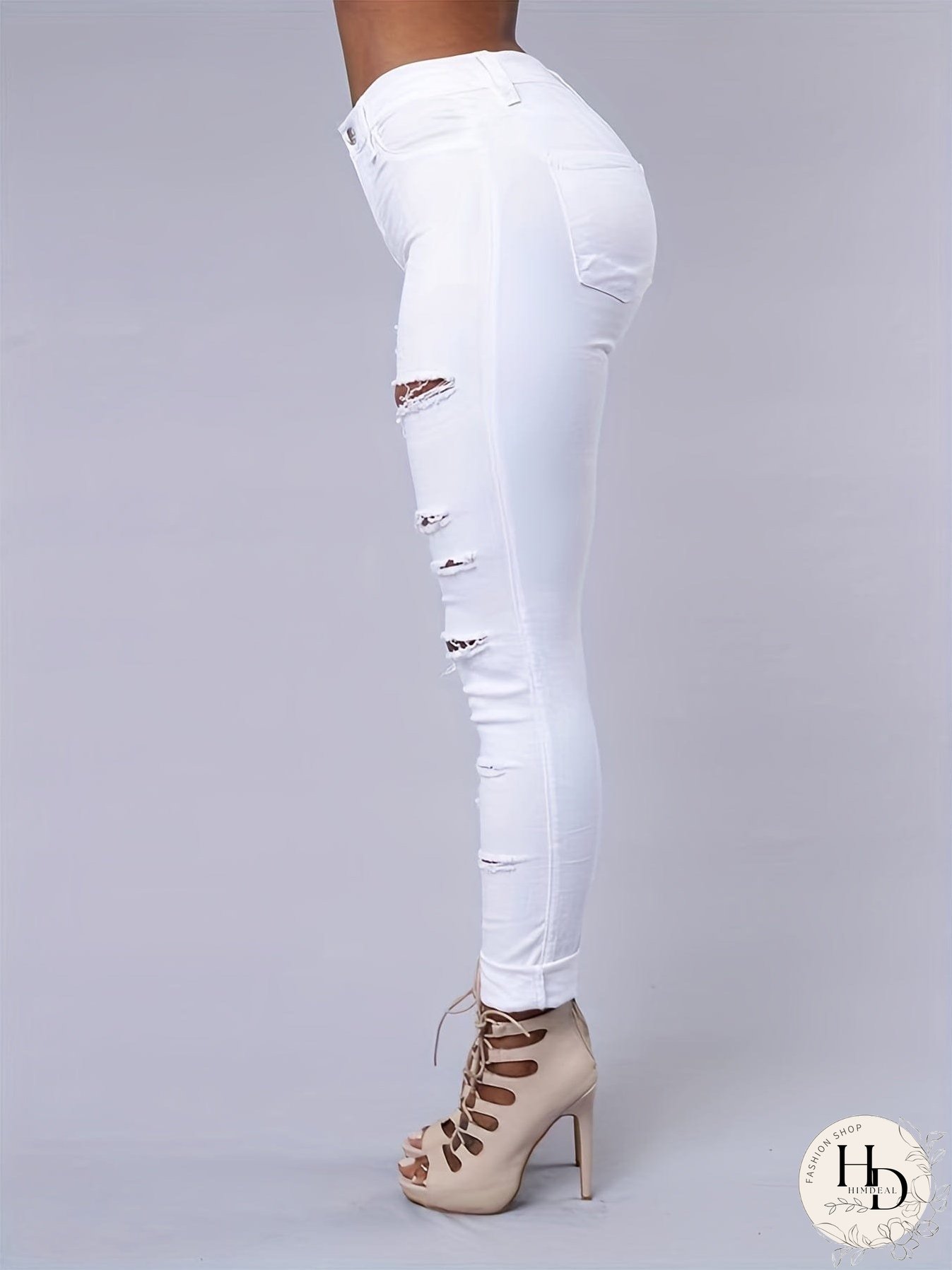 White Denim Jeans with Multiple Rips