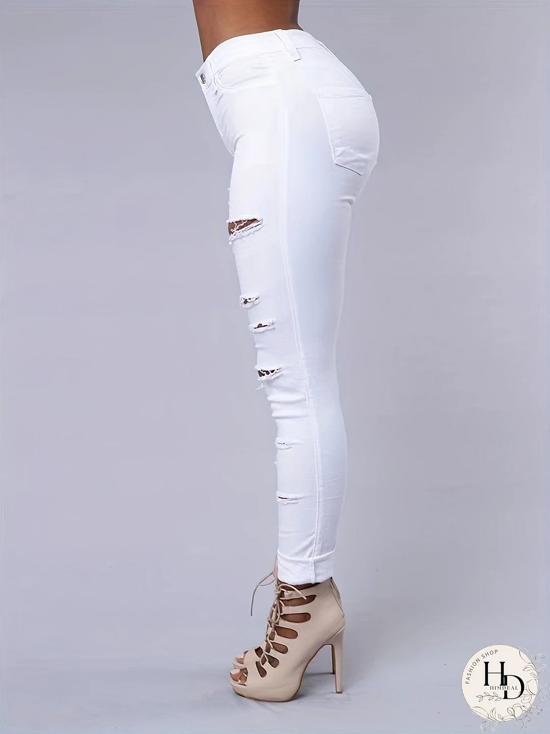 White Denim Jeans with Multiple Rips