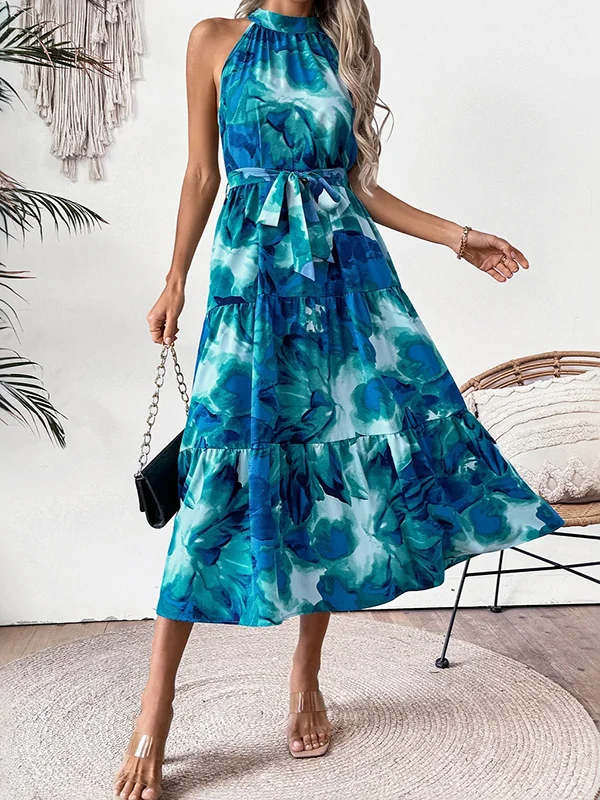 Hollow Pleated Printed Split-Joint Tied Waist Loose Sleeveless Round-Neck Midi Dresses