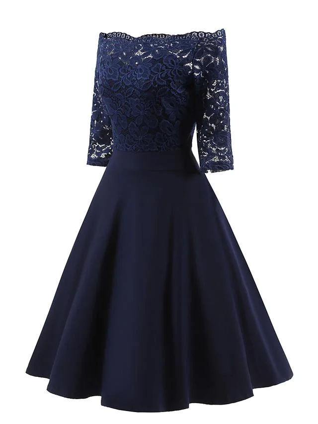 Women's Swing Dress Knee Length Dress 3/4 Length Sleeve Solid Color Lace Patchwork Fall Spring Elegant Sexy Wine Dusty Blue S M L XL XXL