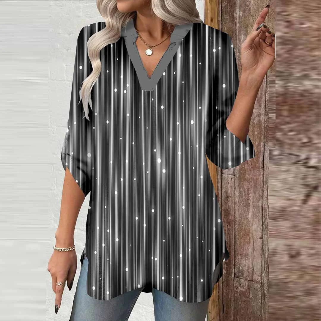 Women Stripes, Black, White DZGA0769 3/4 Sleeve V-neck Printed Graphic Button Tops