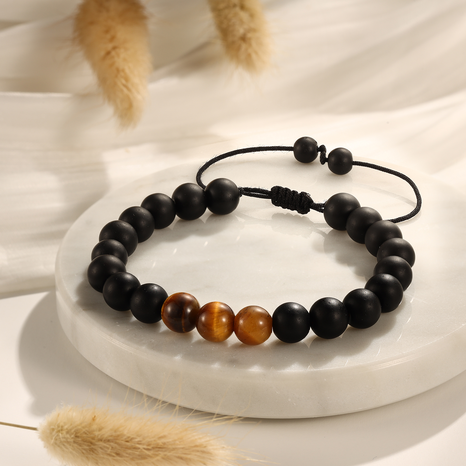 Braccialetto pietre nere regolabile regalo per uomo/ragazzo