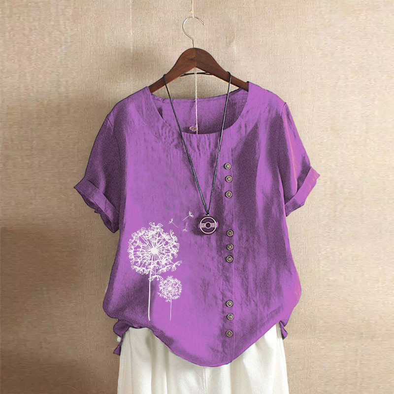 Wicketwarriorss Leisure Dandelion Print Blouse Lady Summer Retro Casual Loose Short Sleeved Pullover Cotton Linen Shirt For Women's Clothing