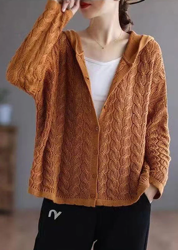 Organic Caramel Loose hooded Casual Button Fall Knit Knit Sweater