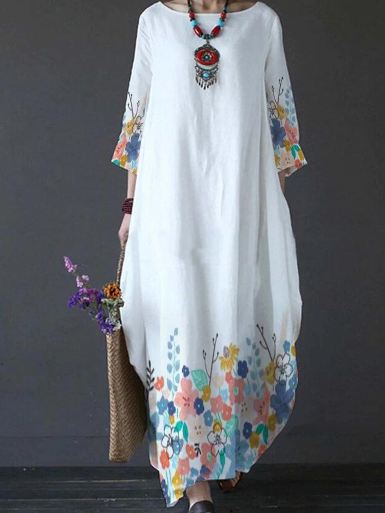 Women's Floral Print Round Neck Maxi Dress