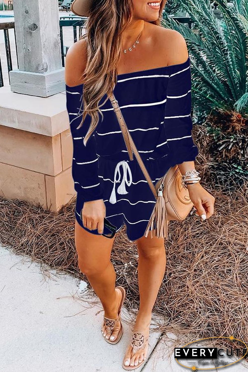 Off Shoulder Striped Printed Drawstring Romper P13659