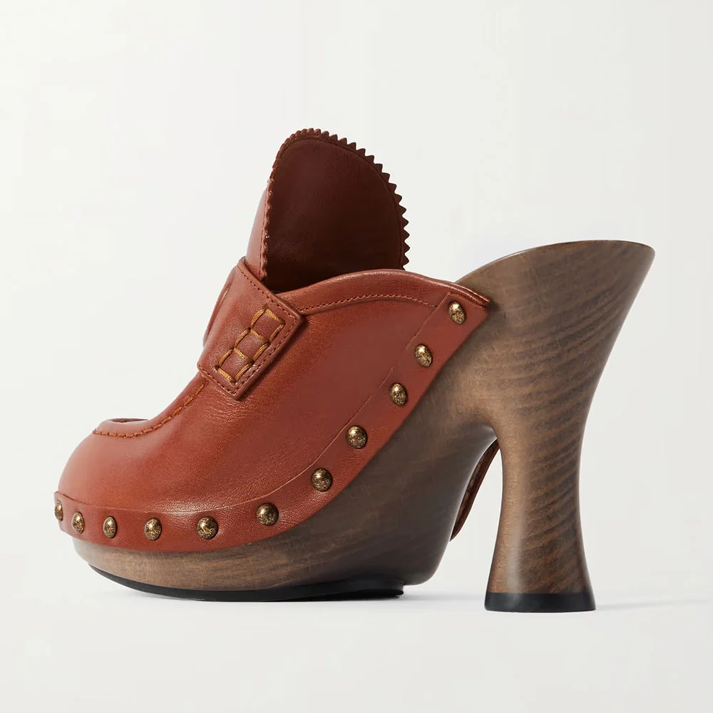 Tan Closed Toe Studded Slip On Loafer Platform Mule Heels for Women