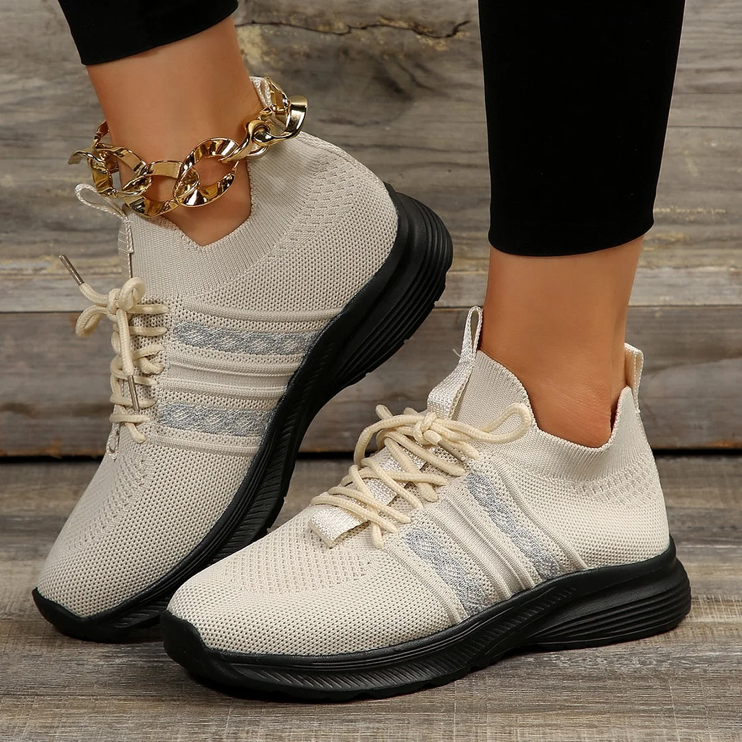 Vstacam Mix Color Striped Knitted Sneakers Women 2023 Autumn Breathable Platform Running Shoes Woman Casual Lace Up Mesh Walking Shoes