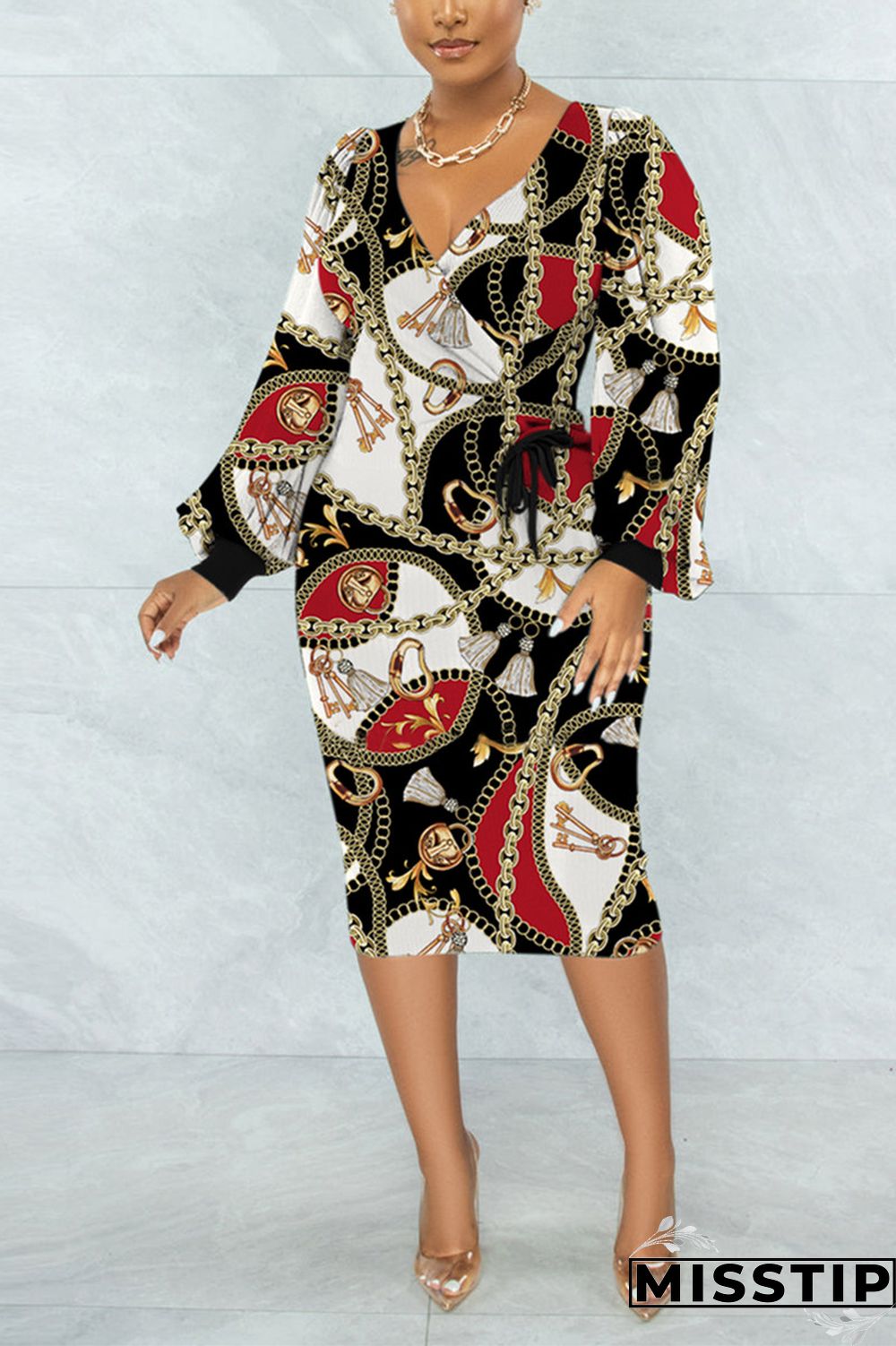 Black Casual Daily Print Fold V Neck Printed Dress Dresses