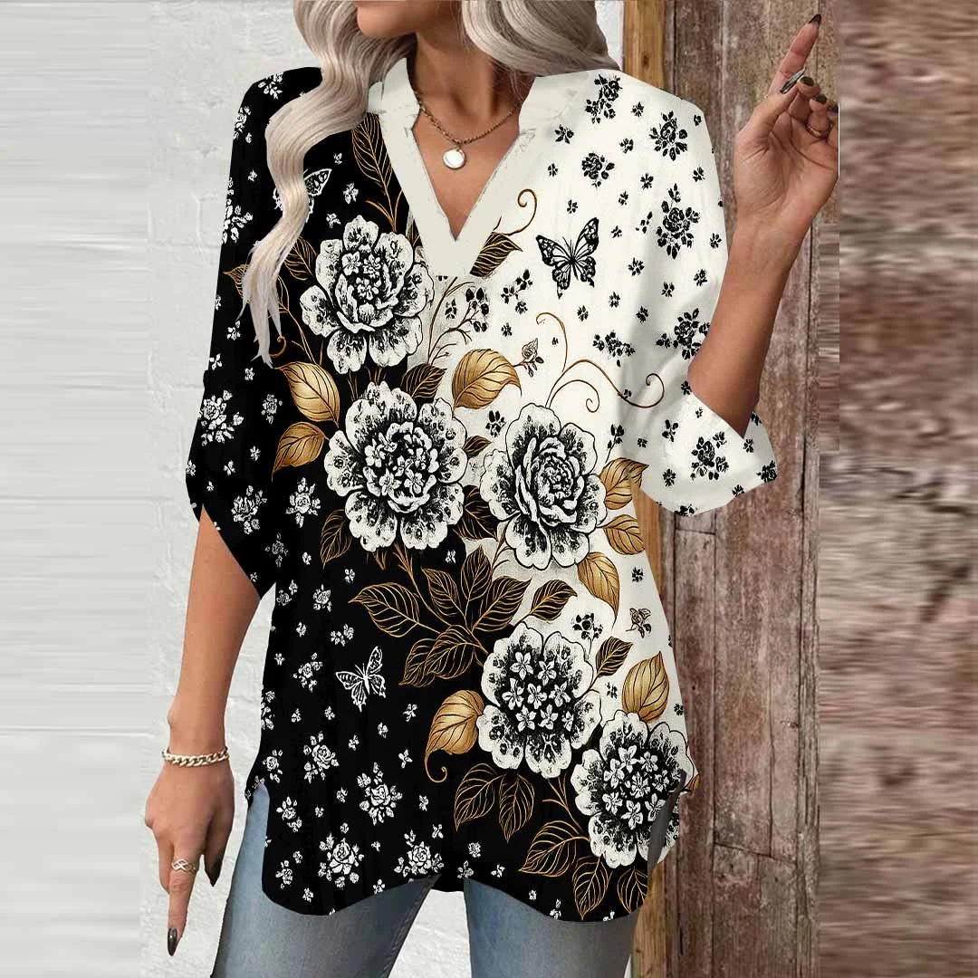 Women Floral,Butterfly,Black DZGA0798 3/4 Sleeve V-neck Printed Graphic Button Tops