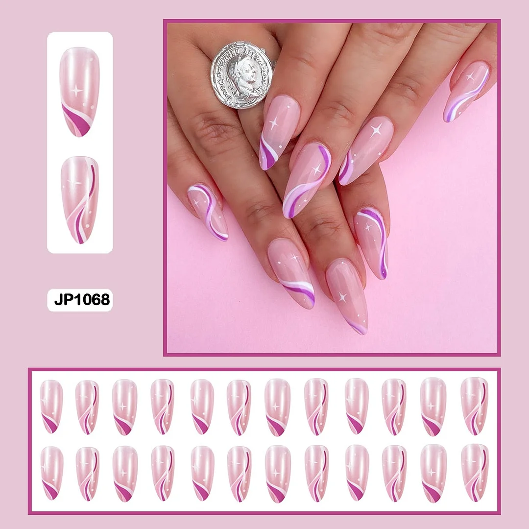 24Pcs/Set French Contracted Artistic Line Drip Shaped Short Wearable False Nails With Glue Manicure Art Tools Fake Nails-Nail Inspo