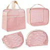 3Pcs Makeup Bag PVC Travel Storage Bag Large Capacity Zipper Mesh Bag (Pink)