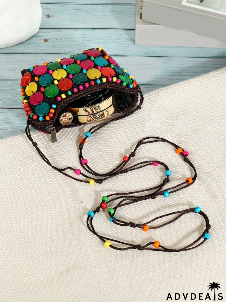 Beaded Detail Coconut Shell Colorblock Square Bag