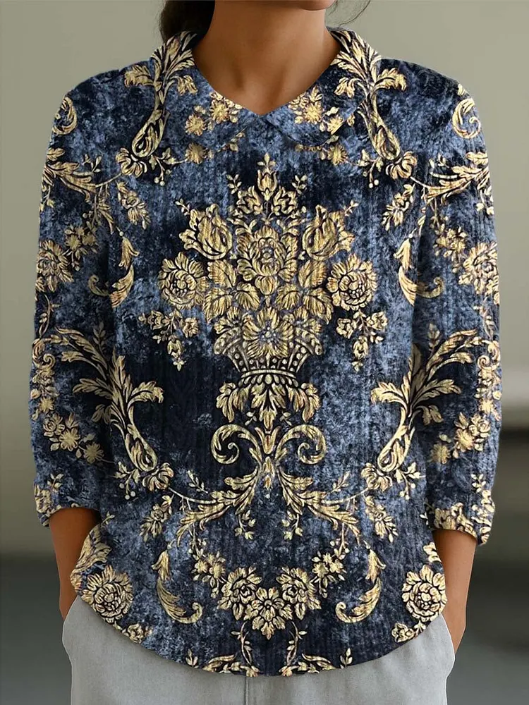 Women's Vintage Floral Art Print Casual Peter Pan Collar 3/4 Sleeve Sweater