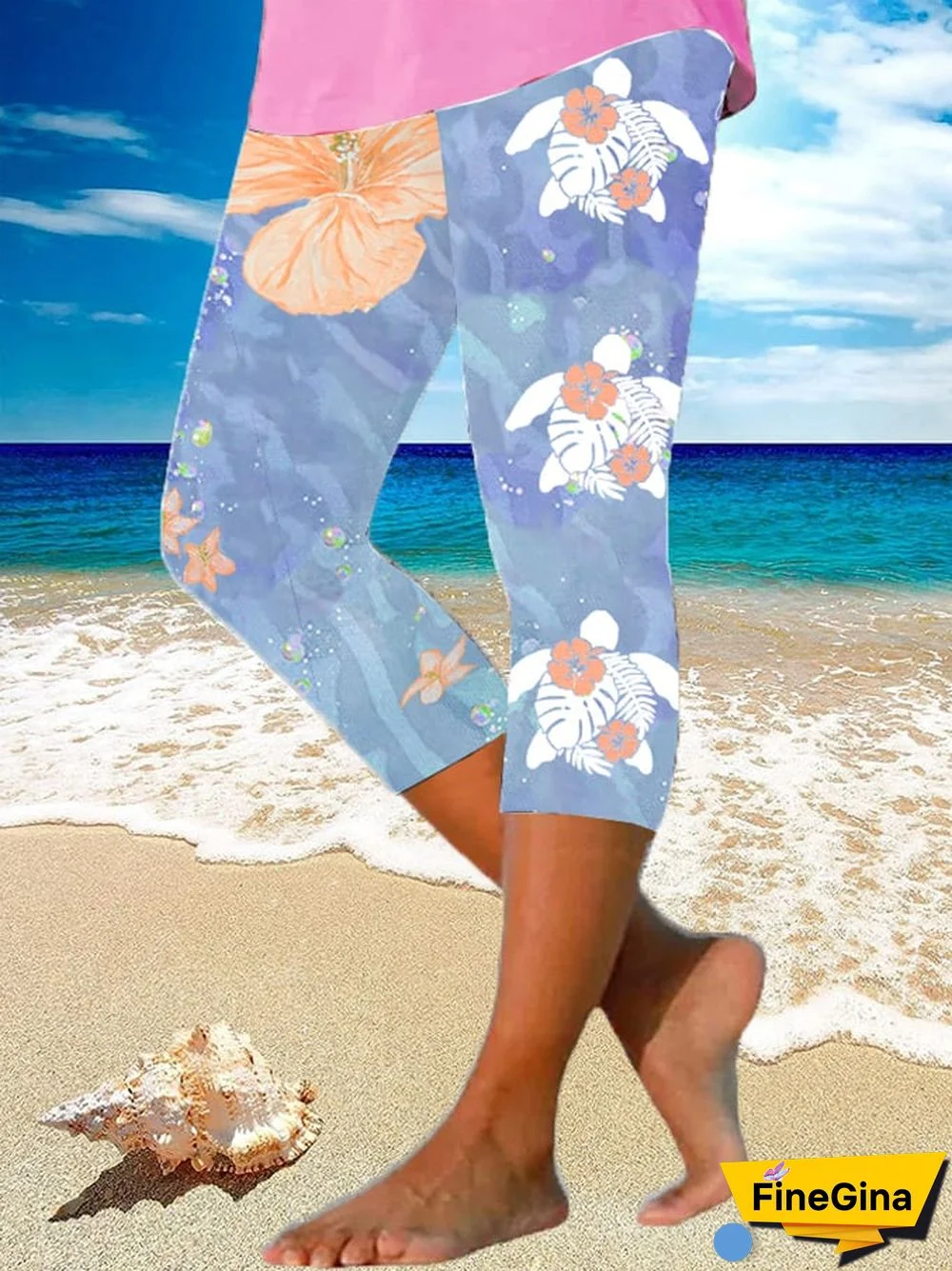 Women's Maui Lahaina Hibiscus Turtle Print Yoga Base Layer Cropped Pants