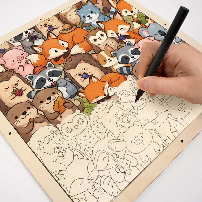 A hand coloring the wooden puzzle