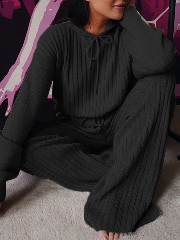 Women's Long Sleeve Hooded Solid Color Two-Piece Set