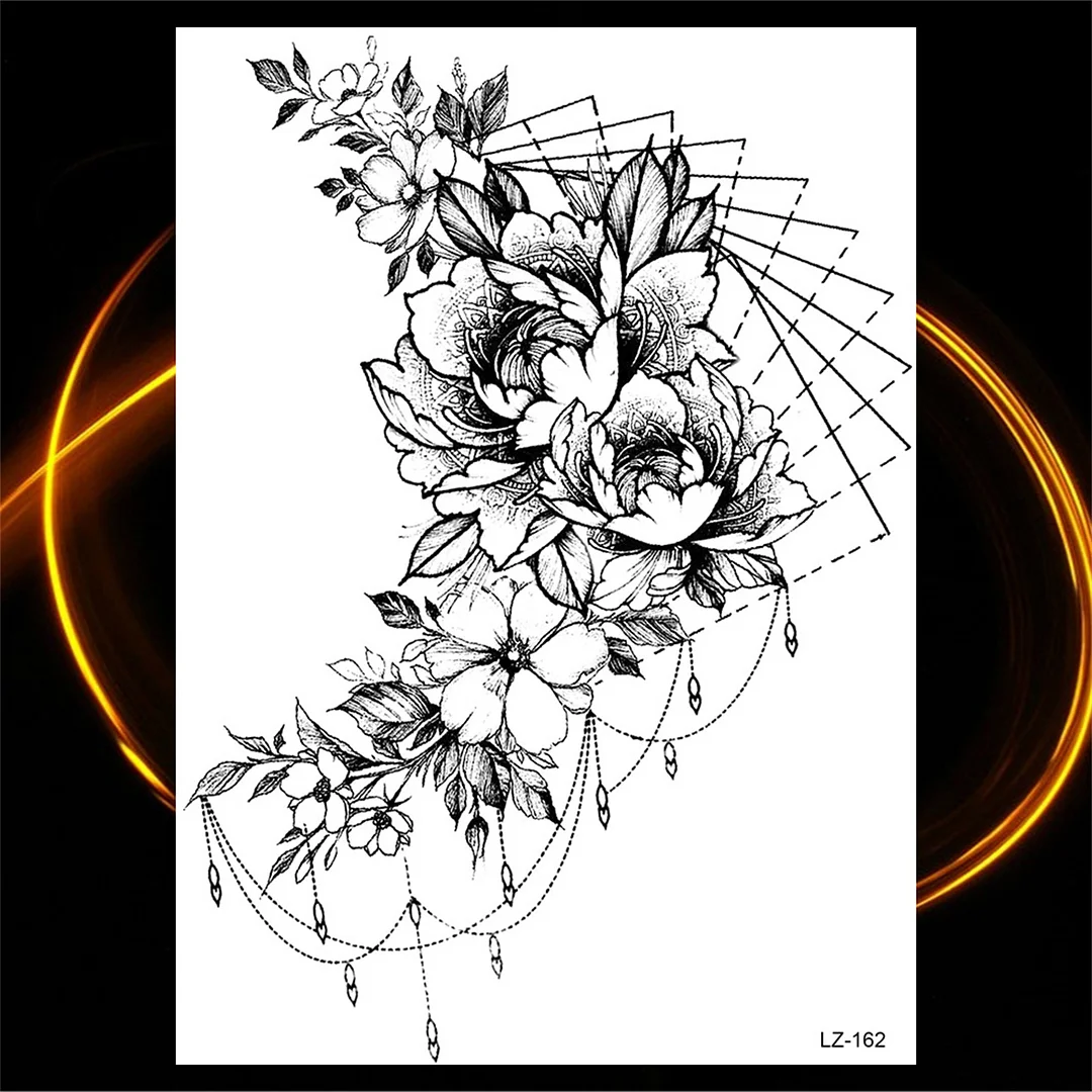 Sdrawing Rose Flower Moon Temporary Tattoos For Women Adult Pendant Peony Lotus Fake Tattoo Calf Thigh Body Art Waterproof Tatoos