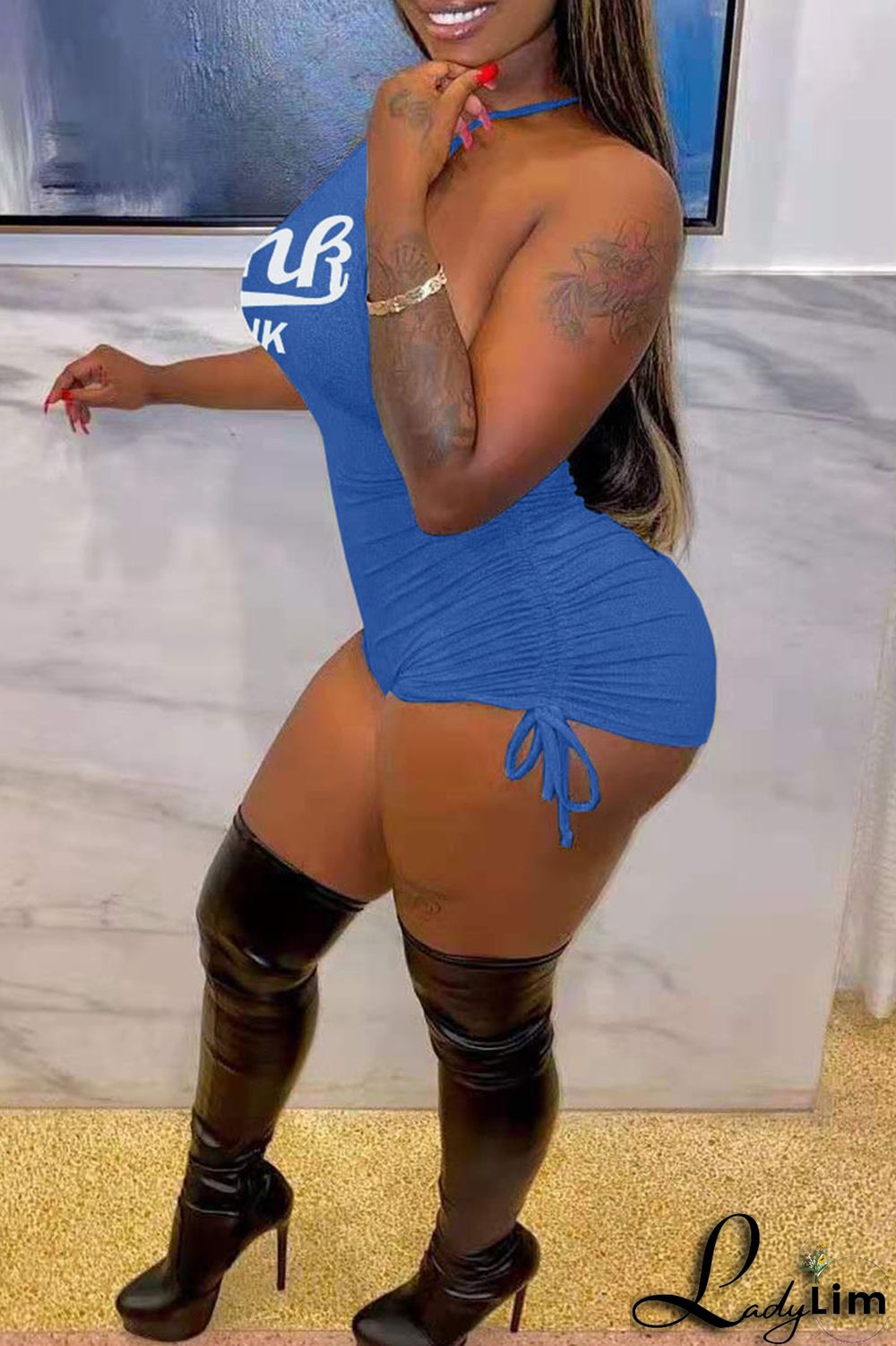 Sky Blue Fashion Casual Letter Print Backless Halter Skinny Romper