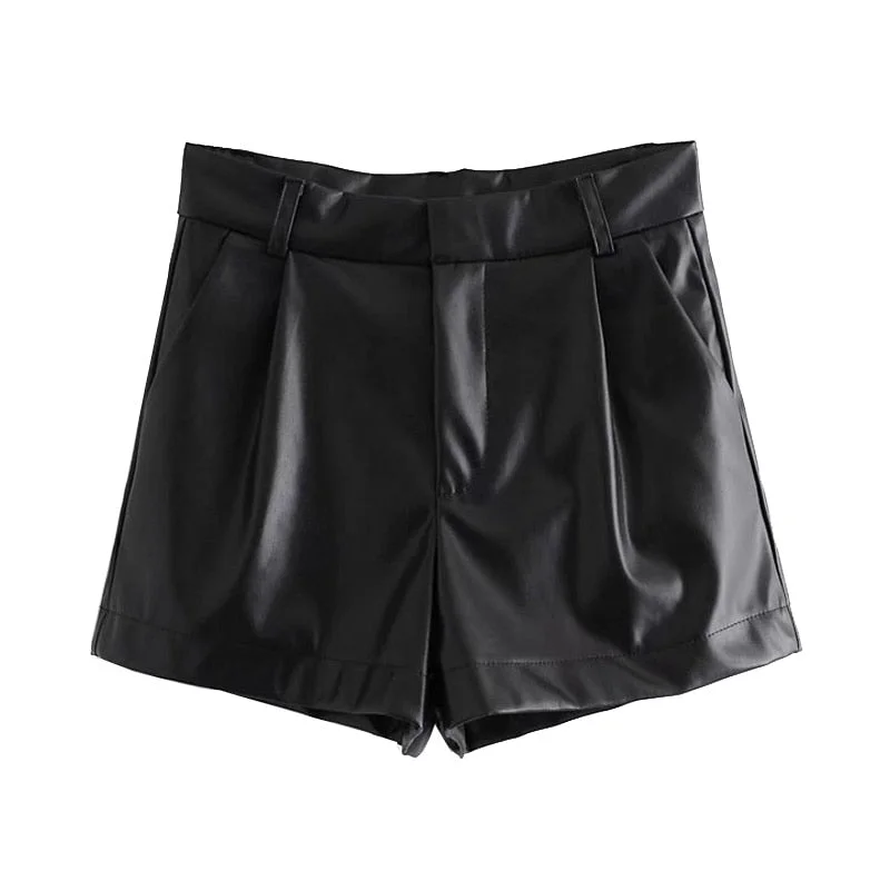 TRAF Women Chic Fashion Side Pockets Faux Leather Shorts Vintage High Waist Zipper Fly Female Short Pants Mujer