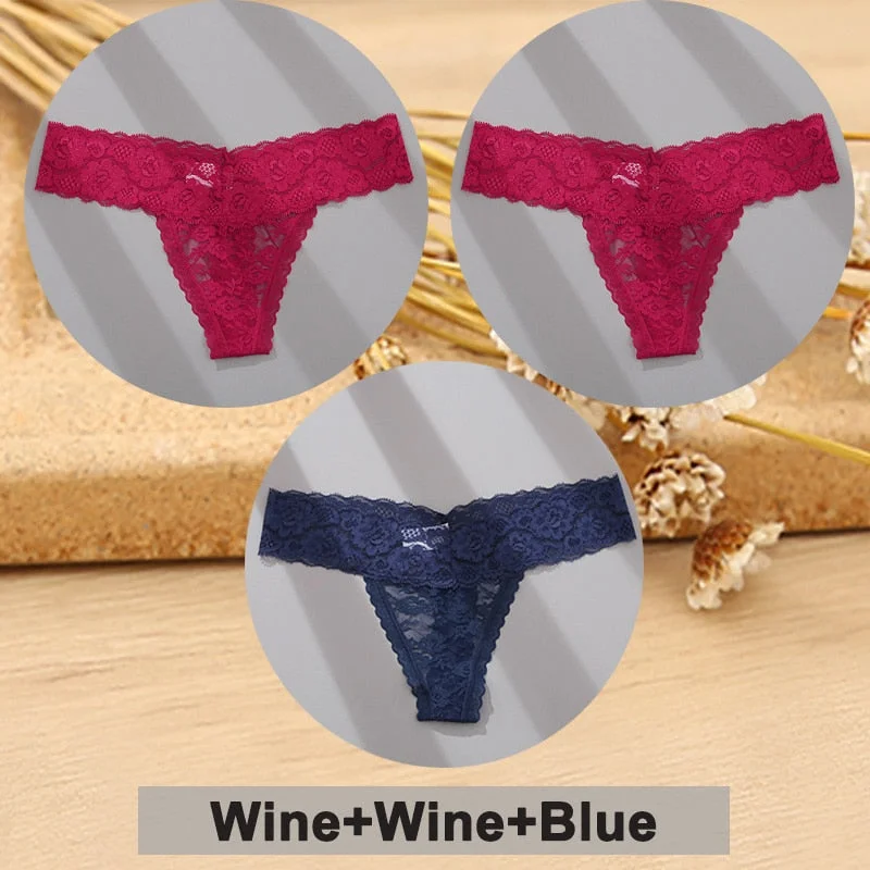 3PCS/Set Lace Panties Full Floral Underwear Women Panties Underpants Sexy Briefs Thong Lace G-String Female Lingerie Intimates