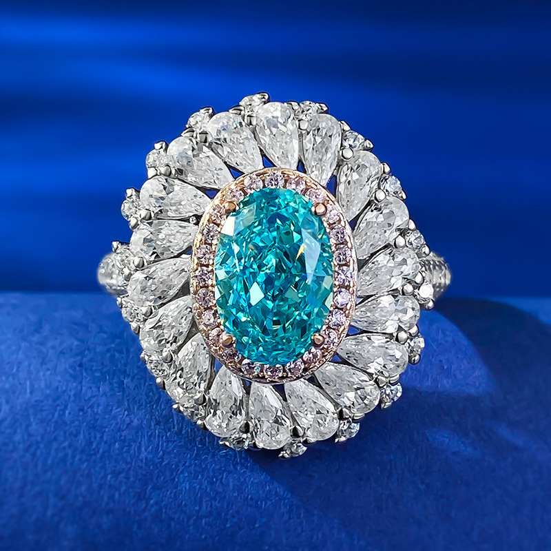 MIKAMU Jewelry New Paraiba Color 6*9 Ring for Women - 925 Silver Design with Stylish and Luxurious Wedding Ring Gift