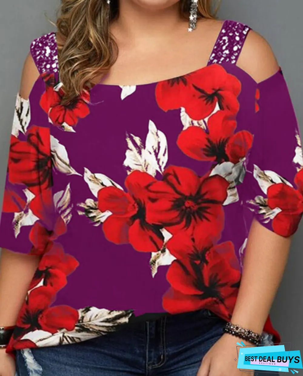 Print Floral Sequins Cold Shoulder 3/4 Sleeves Casual Plus Size Blouses
