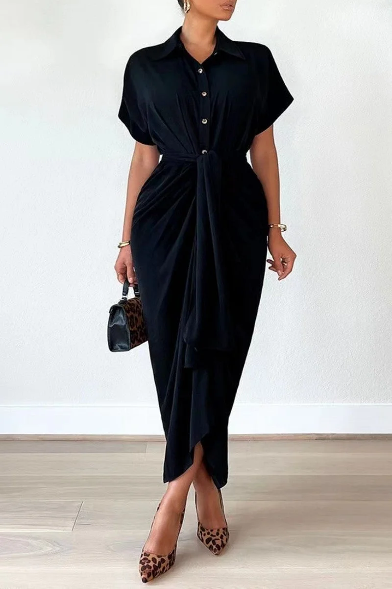 Casual Solid Patchwork Turndown Collar Shirt Dress Dresses