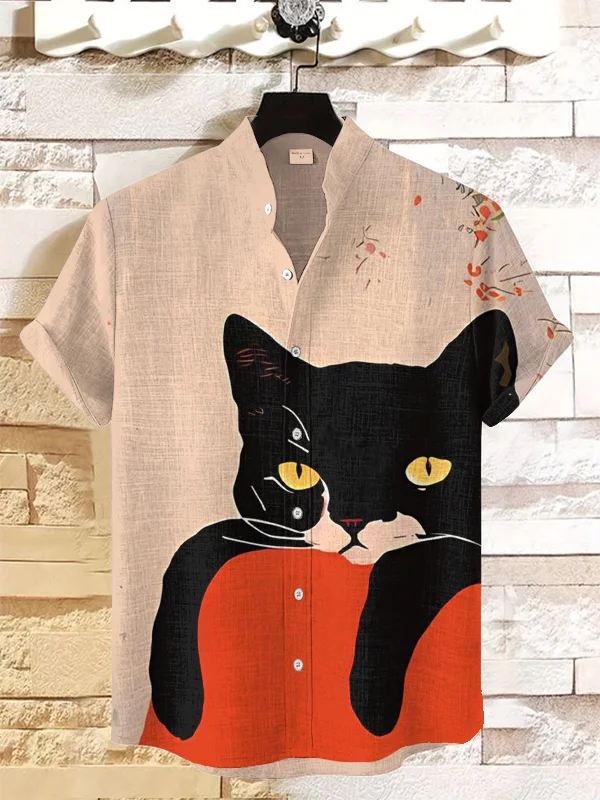 Men's Lazy Black Cat Floral Art Print Casual Shirt