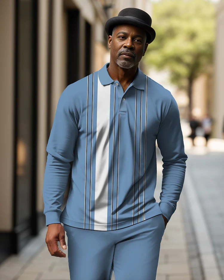 Men's Geometric Plaid Casual Colorblock POLO Shirt Trousers Set 028