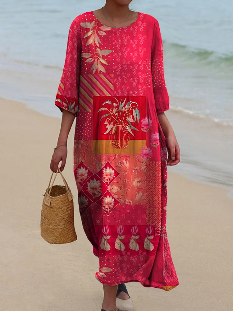 Retro Floral Art Print Vintage Chic con cuello en V bot&oacute;n de manga larga vestido de Midi