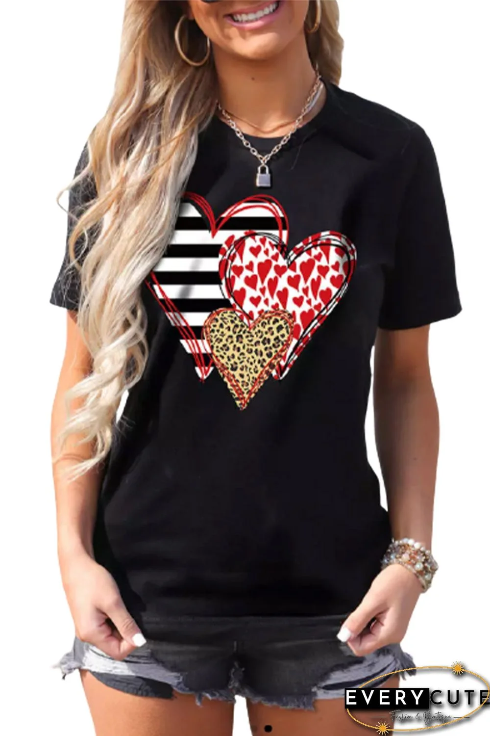 Leopard Striped Heart Shaped Print Graphic Tee